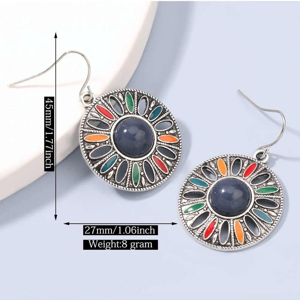 Boho Vintage Enamel Mandala Dangle Earrings Silver Tone